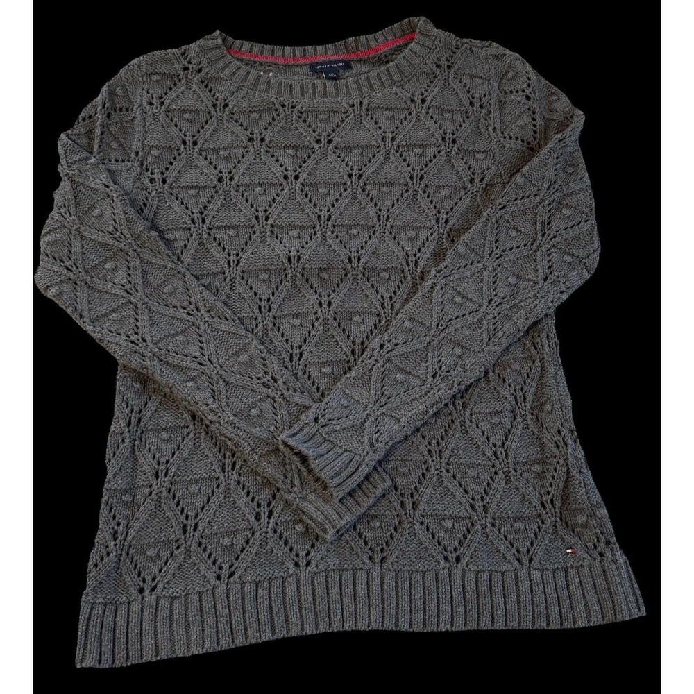 Tommy Hilfiger Sweater Gray Chunky Cable Knit Long Sleeve Pullover Womens LG‎